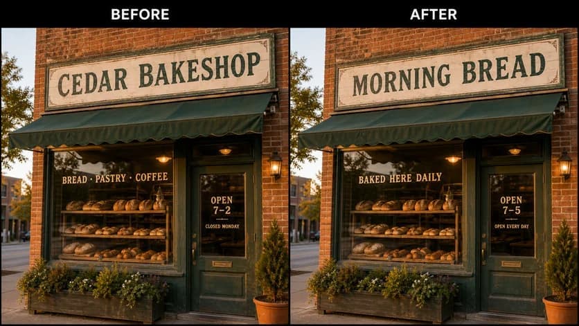 Photo text editor example showing a storefront sign changed