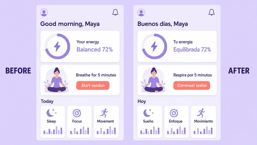 Before and after app interface localized with different text