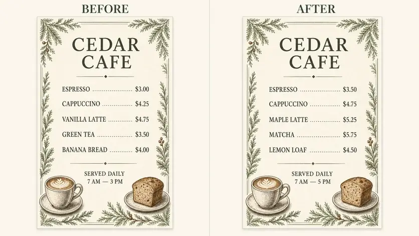 Before and after restaurant menu with a price changed