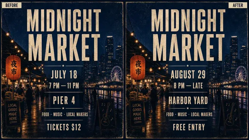 Before and after event poster with its date and venue text updated