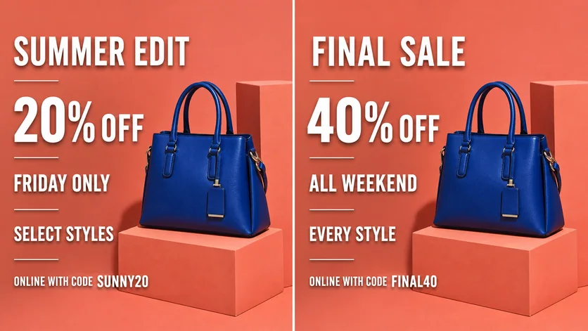 Sale graphic before and after a discount text edit