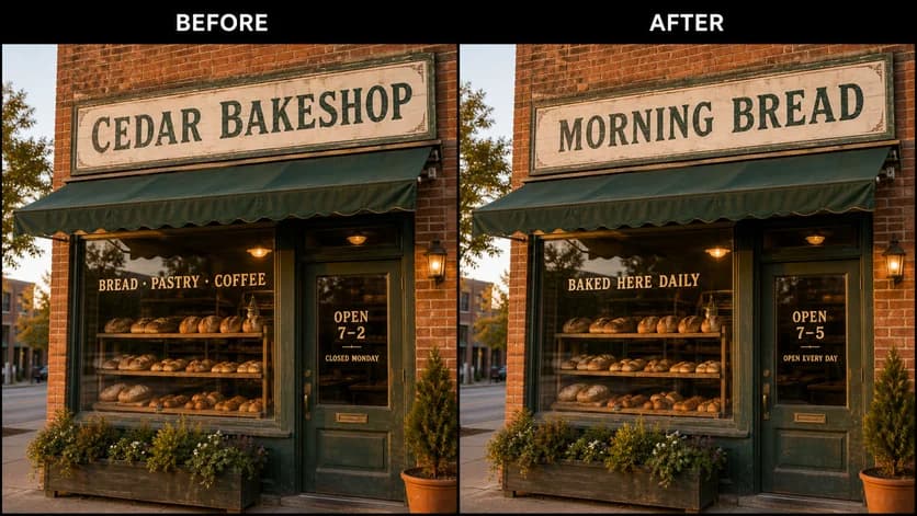 Storefront sign before and after a text change