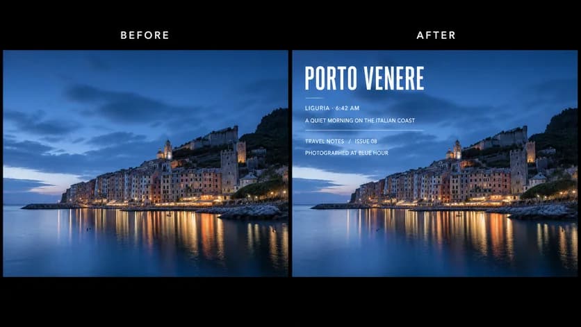 Travel photo before and after a caption is added